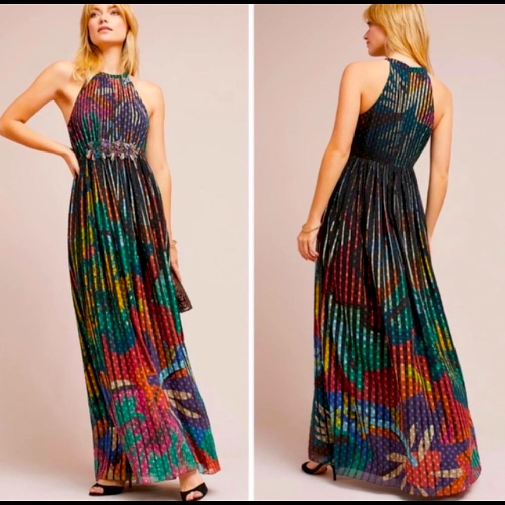 Black/Multi-color "Kalinka" Halter Maxi Dress by Geisha Designs. Size 4.